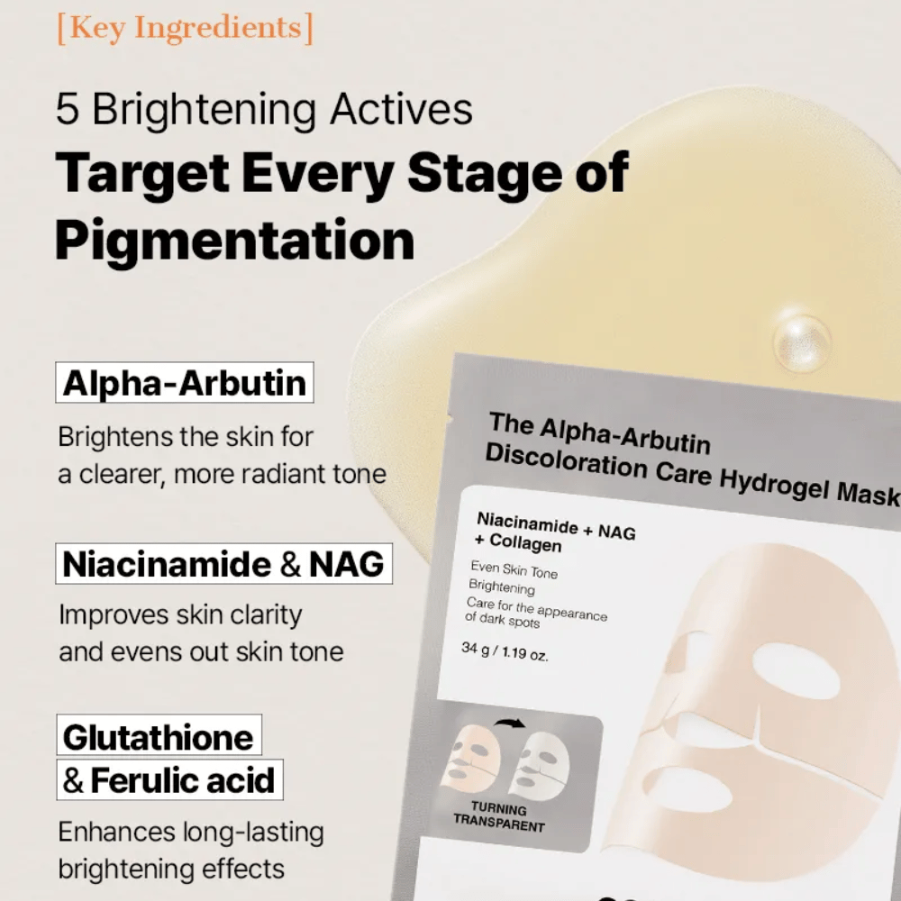 COSRX Alpha-Arbutin Discoloration Care Hydrogel Mask z alfa-arbutinom in niacinamidom – sheet mask ki pomaga zmanjšati pigmentne lise in izenačiti ton kože.