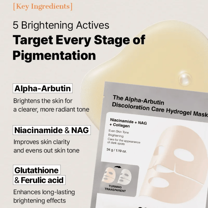 COSRX Alpha-Arbutin Discoloration Care Hydrogel Mask z alfa-arbutinom in niacinamidom – sheet mask ki pomaga zmanjšati pigmentne lise in izenačiti ton kože.