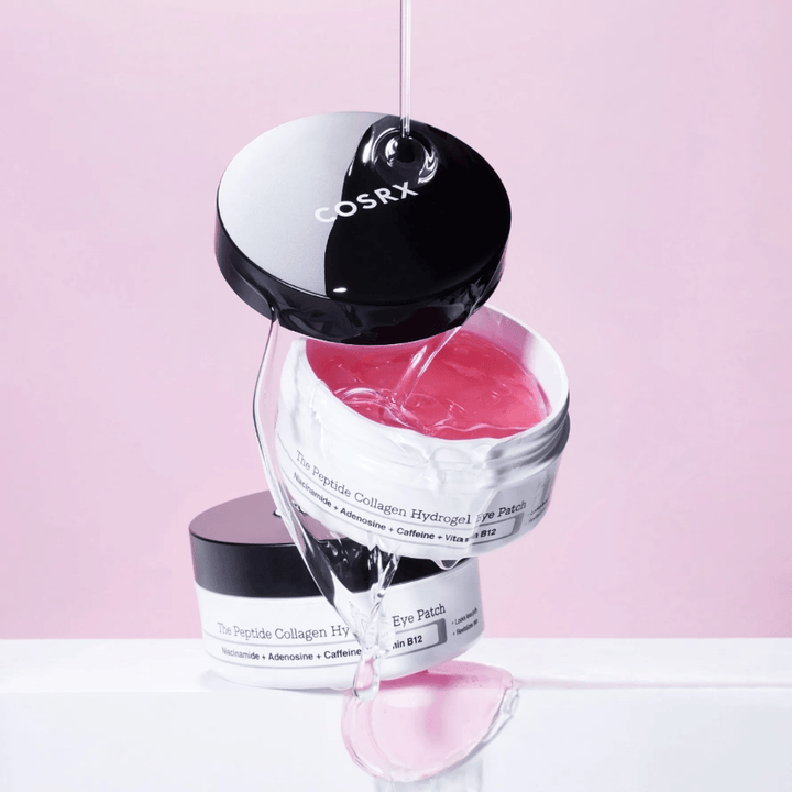 COSRX Peptide Collagen Hydrogel Eye Patch – rožnata gel formula bogata z niacinamidom, adenozinom, kofeinom in vitaminom B12.