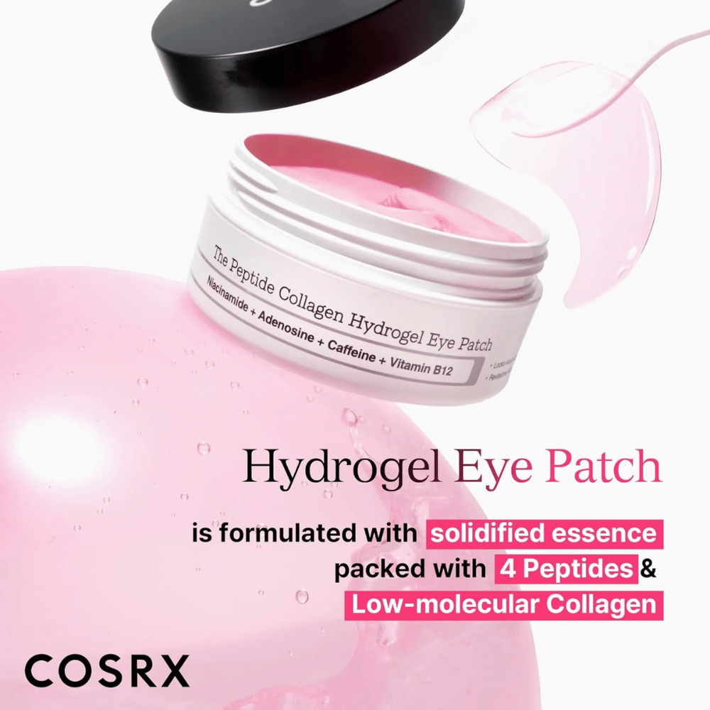 COSRX Hydrogel Eye Patch s 4 peptidi in kolagenom z nizko molekulsko maso za vlažno in čvrsto kožo okoli oči.