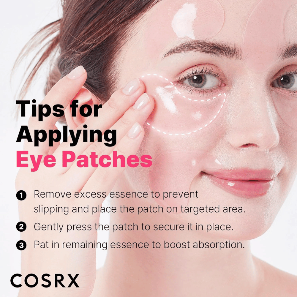 Nasveti za nanos COSRX Peptide Collagen Eye Patch – pritisnite, odstranite odvečno esenco in vtapkajte preostanek.