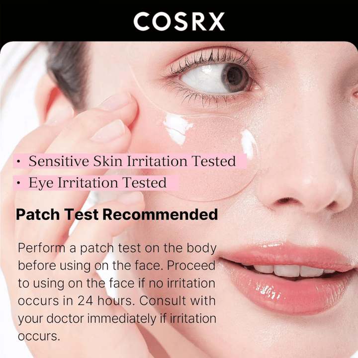 COSRX Peptide Collagen Hydrogel Eye Patch – testiran za občutljivo kožo in draženje oči, varen za vsakodnevno uporabo.
