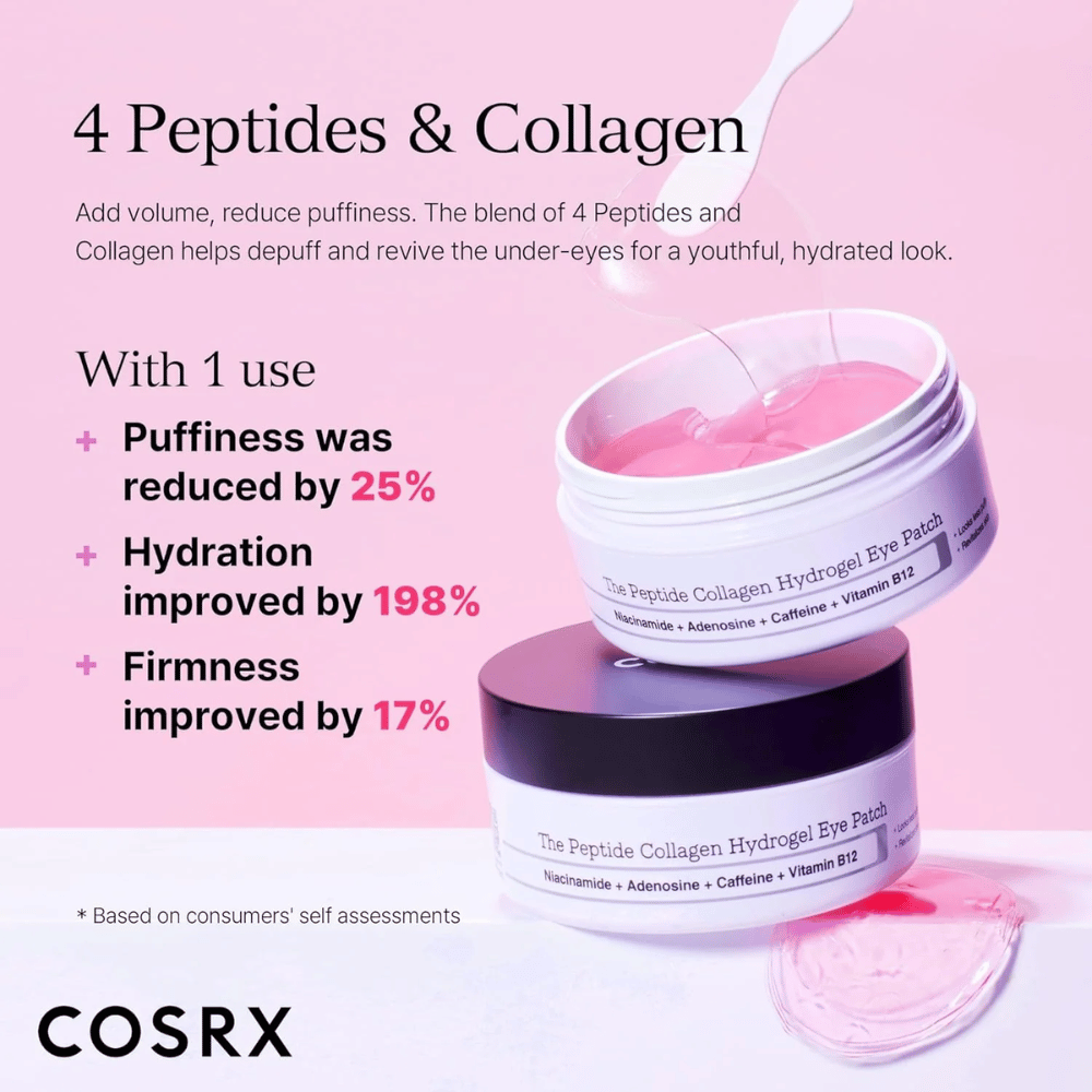 COSRX Peptide Collagen Eye Patch s 4 peptidi in kolagenom, ki zmanjšuje oteklino, povečuje vlago za 198 % in izboljšuje čvrstost.