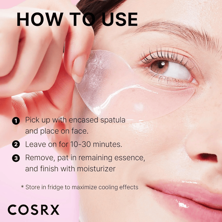 COSRX Peptide Collagen Hydrogel Eye Patch – nanesite s spatulo, pustite delovati 10–30 minut in zaključite z vlažilno kremo.