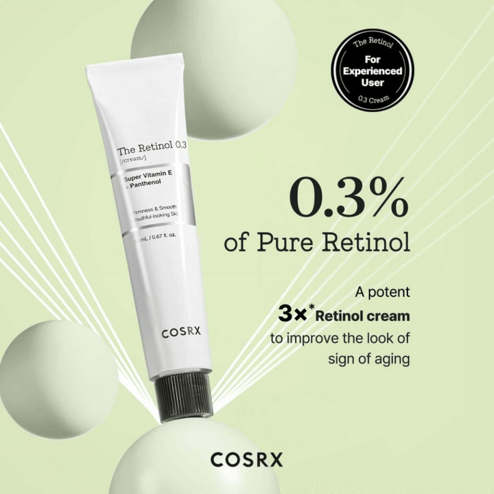 COSRX The Retinol 0.3 Cream vsebuje 0,3% čistega retinola za učinkovito izboljšanje čvrstosti kože in glajenje drobnih linij. Obogatena s super vitaminom E in pantenolom, koži zagotavlja vlago in hranila. Idealna za izkušene uporabnike, je to močna krema, ki se bori proti znakom staranja in daje mladosten sijaj.