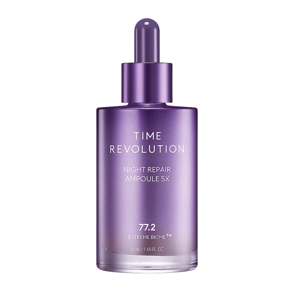 5. MISSHA Time Revolution Night Repair Ampoule 5X 50 ml – koncentrirana nočna ampula v vijolični steklenički s pipeto