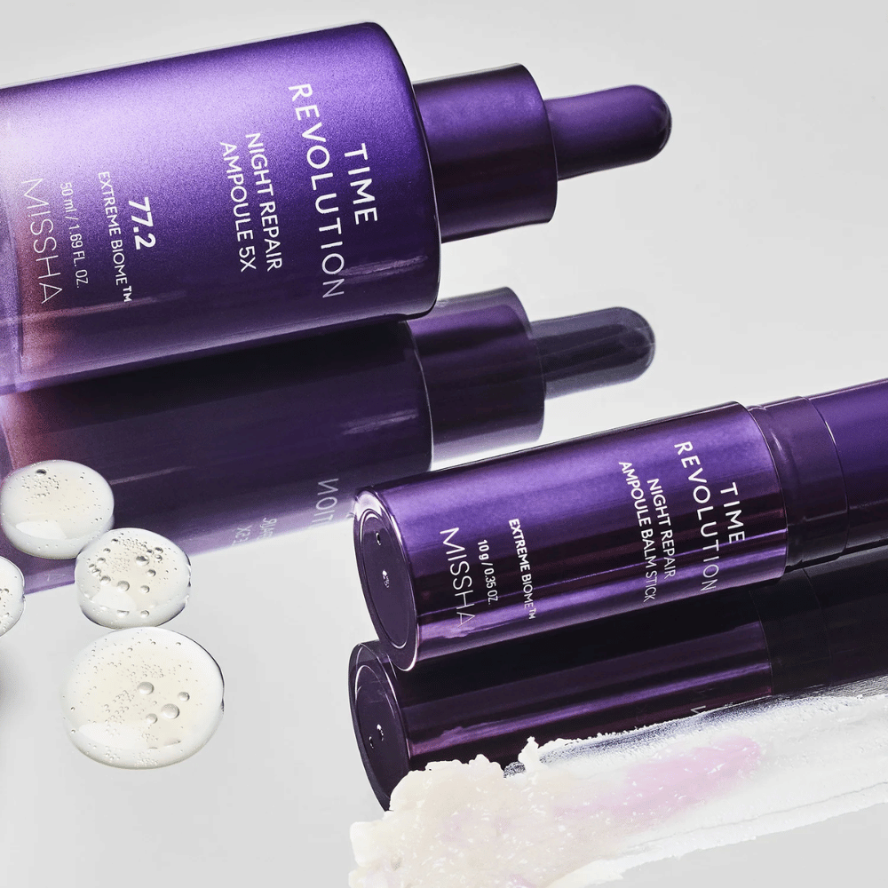 1. MISSHA Time Revolution Night Repair Ampoule 5X 50 ml – nočna ampula z 77,2 % kompleksa Extreme Biome v vijolični steklenički s pipeto