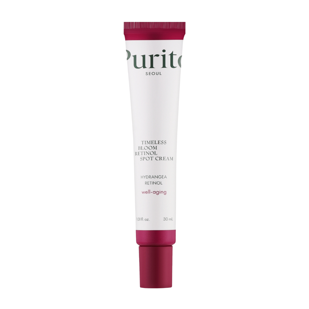 Purito Timeless Bloom Retinol Spot Cream je učinkovita krema proti staranju, obogatena z retinolom in ekstraktom hortenzije. Zmanjšuje drobne linije, izboljšuje čvrstost kože in spodbuja enakomeren ten kože. Popolna za ciljno nego in dobro počutje kože.