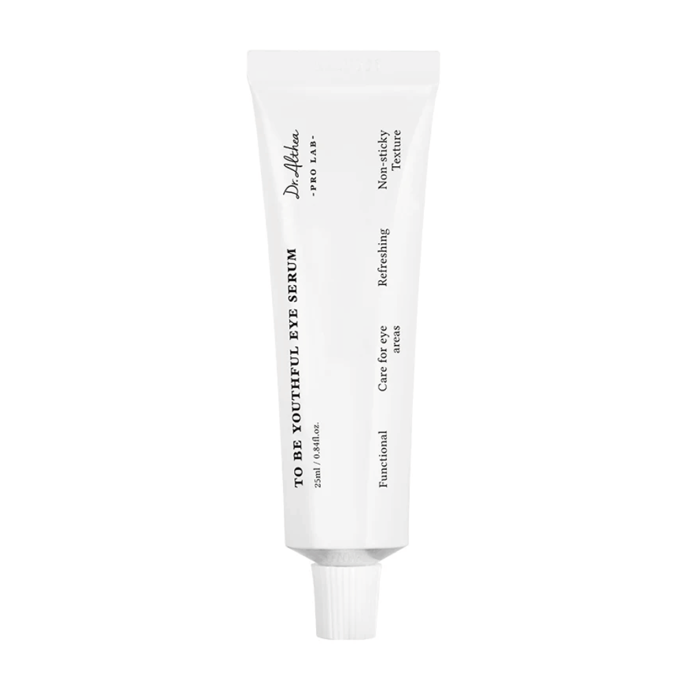 Slika Dr. Altheas "To Be Youthful Eye Serum" v beli tubi. Izdelek je namenjen negi področja okoli oči z nelepljivo in osvežujočo teksturo. Vsebuje sestavine, ki zmanjšujejo in preprečujejo gube ter drobne linije okoli oči.