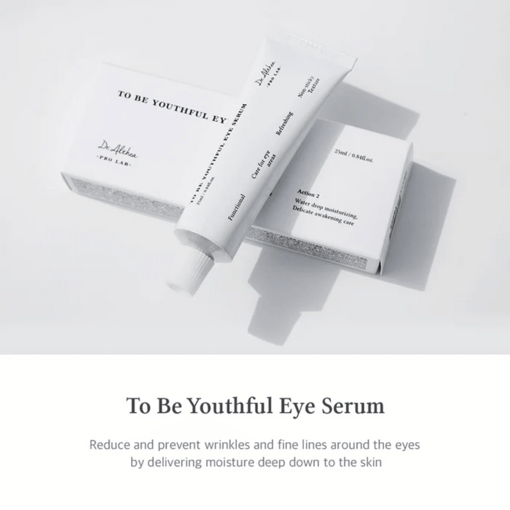 Slika Dr. Altheas "To Be Youthful Eye Serum" z belo tubo in embalažo. Izdelek naj bi zmanjšal in preprečil gube ter drobne linije okoli oči z globinskim vlaženjem kože. Besedilo opisuje lastnosti in prednosti izdelka, vključno z vlažilnimi in osvežilnimi lastnostmi.