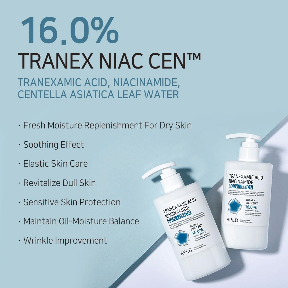Slika prednosti, ki predstavlja 16-% kompleks Tranex Niac Cen™ izdelka in njegove lastnosti, kot so vlaženje, pomirjujoč učinek, izboljšana elastičnost kože, sijaj ter uravnotežena raven olja in vlage.