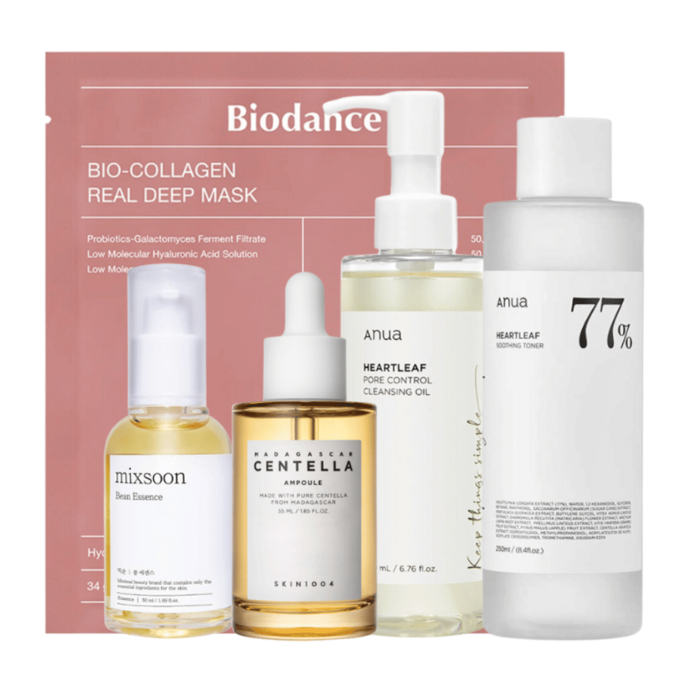 Komplet "Trending K-Beauty Must-Haves" vsebuje Anua Heartleaf Pore Control Cleansing Oil, Heartleaf 77% Soothing Toner, Skin1004 Madagascar Centella Ampoule in Mixsoon Bean Essence skupaj z Bio-Collagen Real Deep Mask iz Biodance. Ti izdelki so skrbno izbrani za globinsko čiščenje, intenzivno vlaženje in pomirjujoče učinke za kožo, zaradi česar so bistveni izdelki za celovito rutino nege kože.