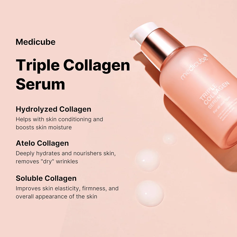Reklamna slika za Medicube Triple Collagen Serum, ki pojasnjuje prednosti njegovih treh vrst kolagena za nego kože. Izdelek je predstavljen v rožnati steklenički na ujemajočem se ozadju.