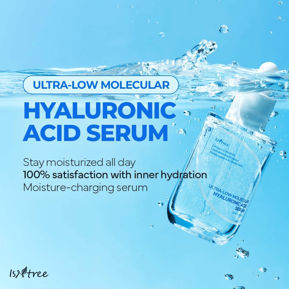 Isntree Ultra-Low Molecular Hyaluronic Acid Serum v vodnem okolju, vlažilni hialuronski serum, ki daje napeto kožo, poveča sijaj in dolgotrajno ravnovesje vlage.