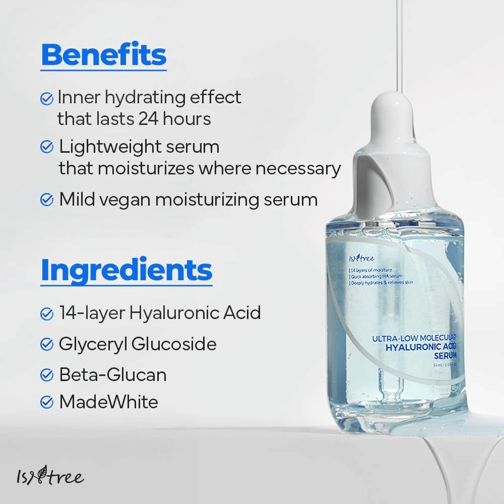 Isntree Ultra-Low Molecular Hyaluronic Acid Serum z lahko, vegansko formulo, ki vlaži do 24 ur in je primerna za suho, občutljivo in dehidrirano kožo.