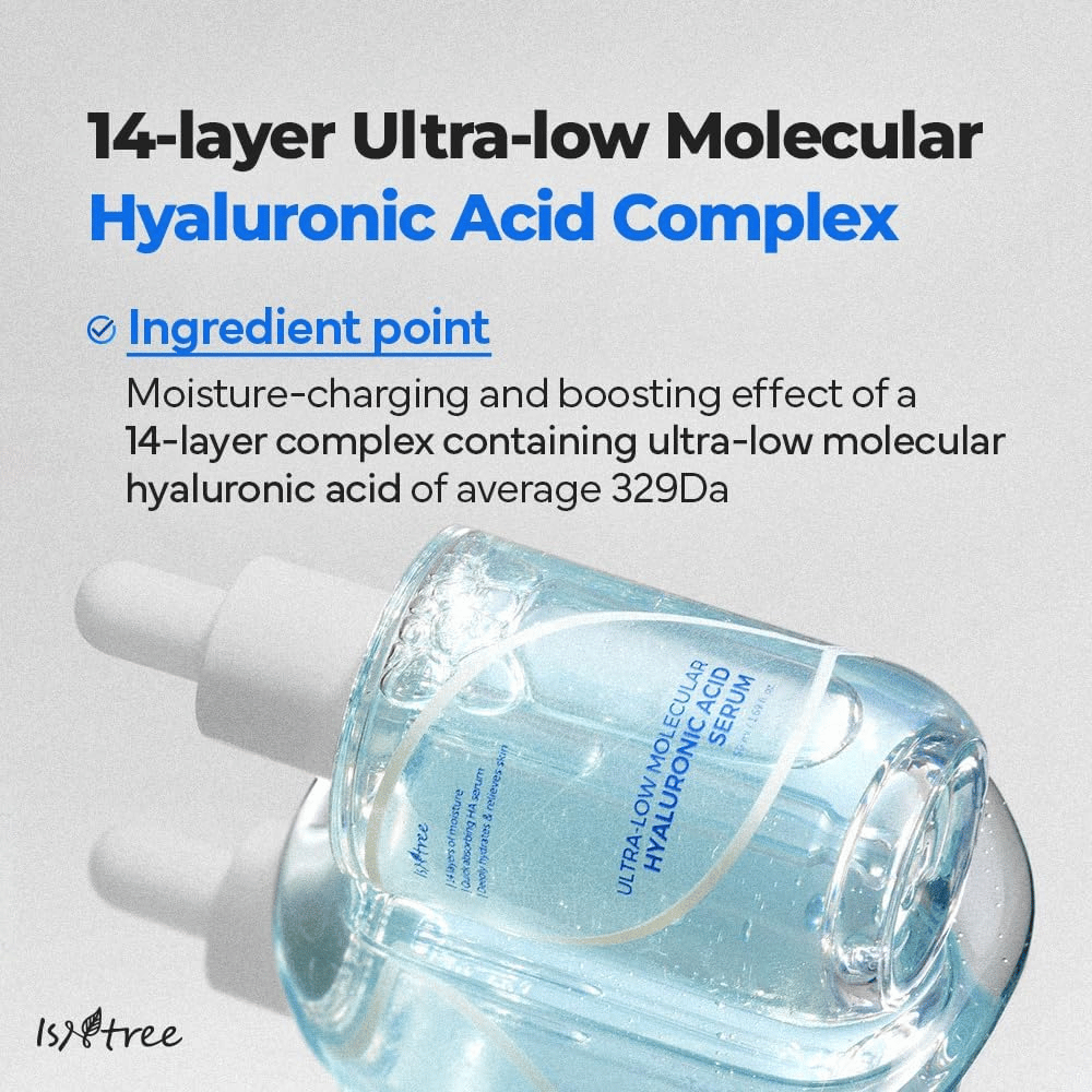 Isntree Ultra-Low Molecular Hyaluronic Acid Serum z ultra nizko molekularno hialuronsko kislino, vlažilni obrazni serum, ki zagotavlja intenzivno globinsko vlaženje.