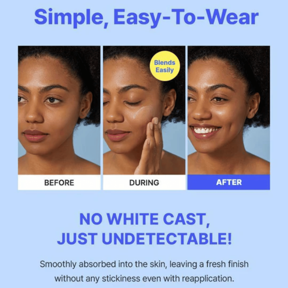 Pred, med in po slikah ženske, ki nanaša zaščito pred soncem; izdelek se zlahka meša brez puščanja belega filma in daje naravni zaključek.