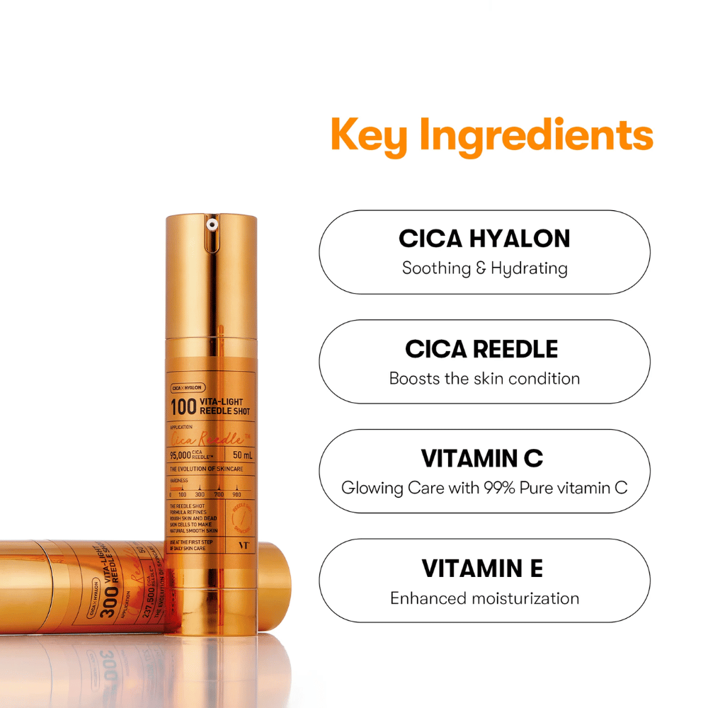 Zlata steklenica VT Cica Hyalon Vita-Light Reedle Shot 100hL, 50 ml, s črpalko, stoječa poleg ležeče steklenice. Na desni so navedene ključne sestavine: Cica Hyalon, Cica Reedle, Vitamin C in Vitamin E.