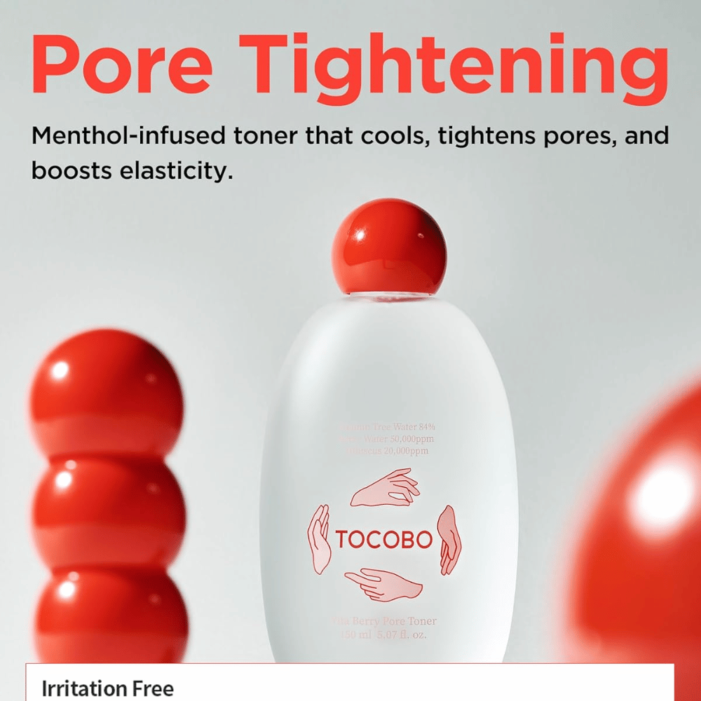 Promocijska slika za TOCOBO Vita Berry Pore Toner, ki opisuje hladilni učinek tonika, lastnosti oženja por in izboljšano elastičnost kože s formulo z mentolom.