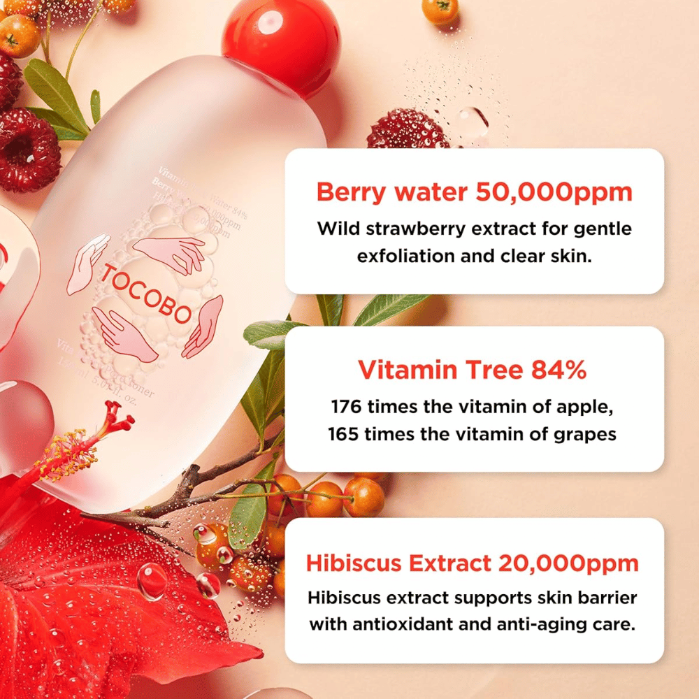 Slika sestavin, ki izpostavlja ključne sestavine tonika, vključno z berry water, vitamin tree in izvlečkom hibiskusa, s poudarkom na pilingu, antioksidativni negi in okrepljeni kožni barieri.