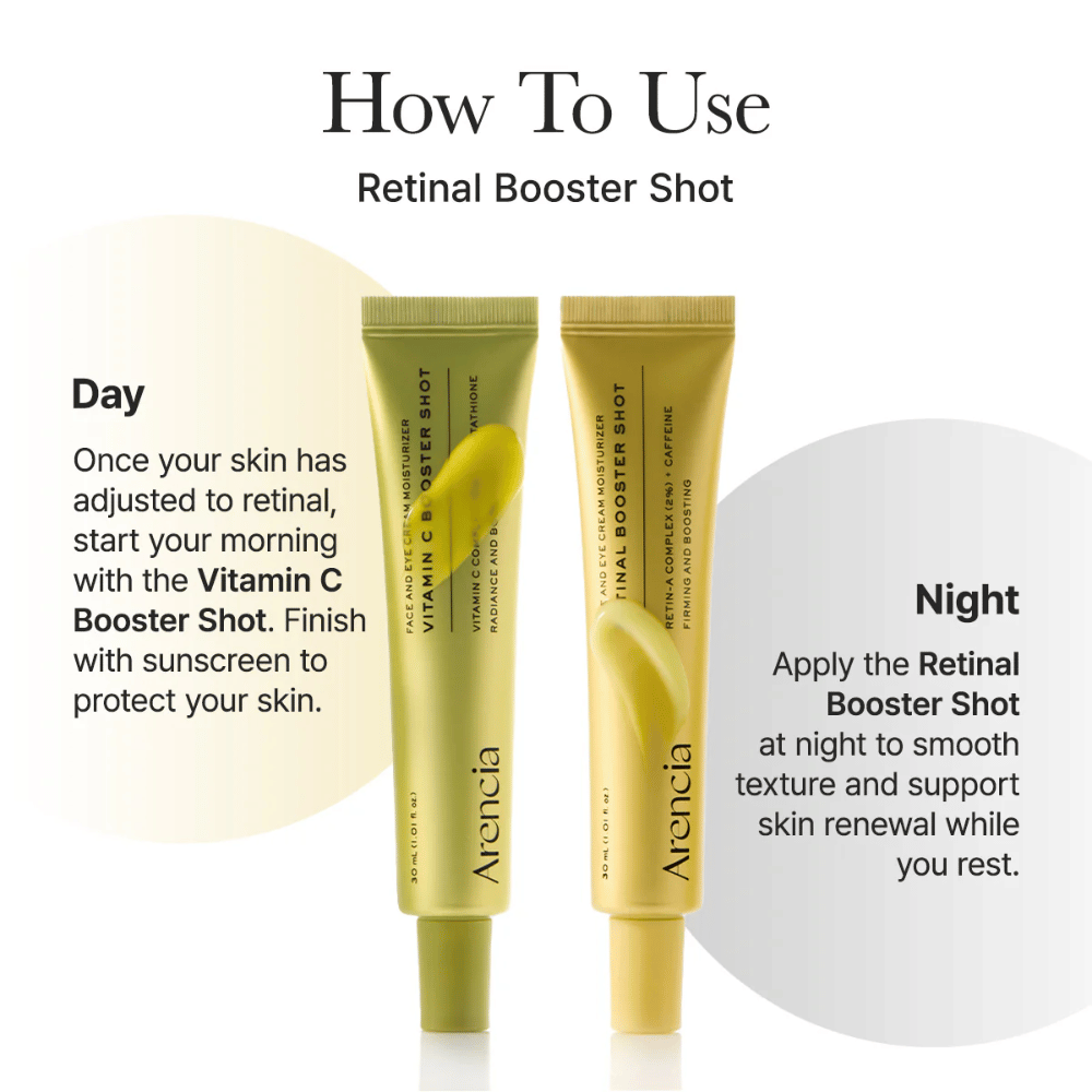 Kako uporabljati Arencia Vitamin C Booster Shot – vitamin C serum v jutranji rutini in retinal booster zvečer za enakomernejši ton kože in boljši sijaj