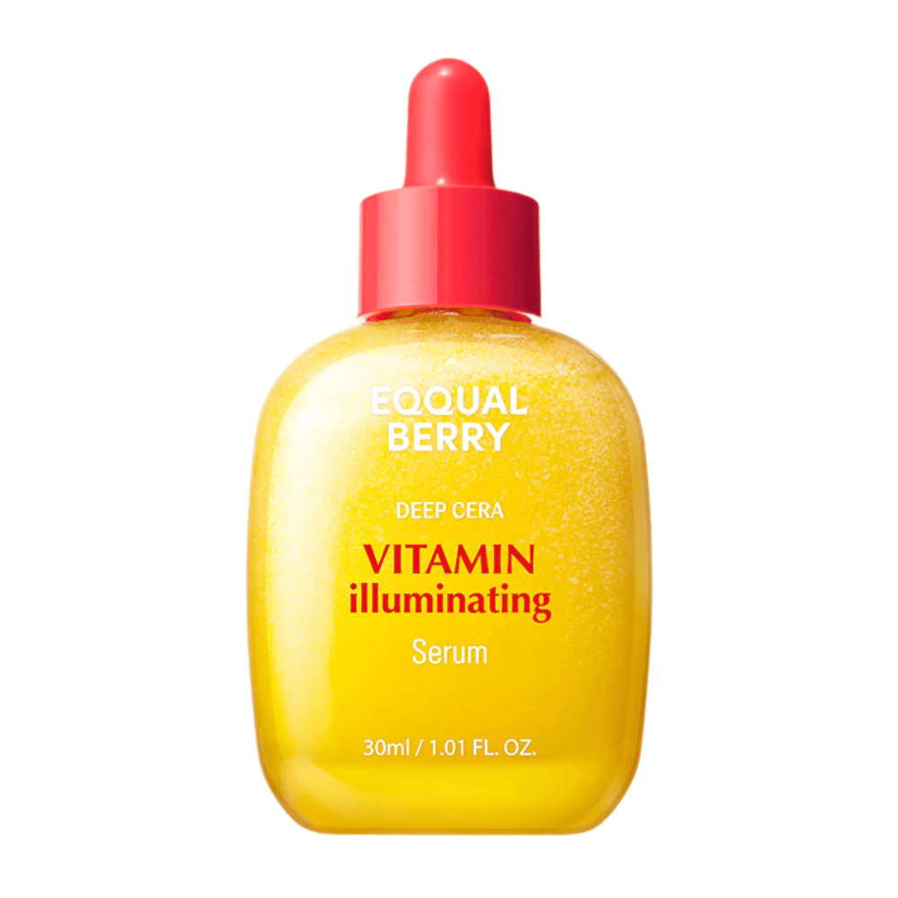 Equal Berry Vitamin Illuminating Serum v rumeni sijoči steklenički z rdečo pipeto. Ponuja sijaj in hranila za sijočo kožo.