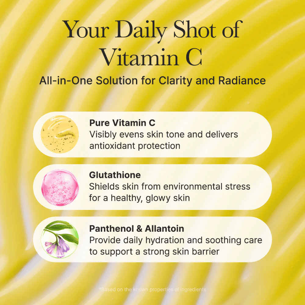 Arencia Vitamin C Booster Shot pregled sestavin – vitamin C, ki izenačuje ton kože, glutation z antioksidativnim učinkom ter panthenol in allantoin, ki vlažita in pomirjata kožo
