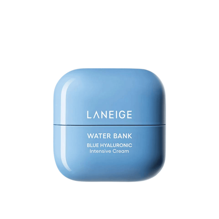 LANEIGE Water Bank Blue Hyaluronic Intensive Cream v modrem zaobljenem lončku, na beli podlagi.