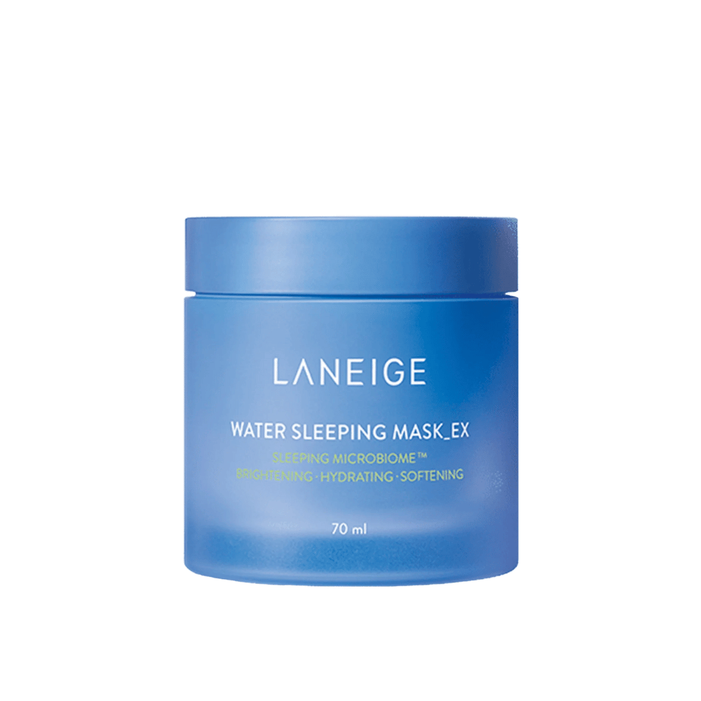 LANEIGE Water Sleeping Mask_EX v modri posodi z belim in zelenim napisom, na beli podlagi.