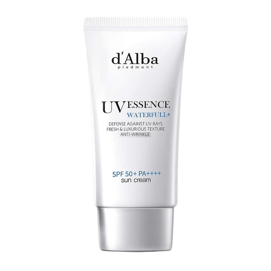 Slika izdelka d'Alba UV Essence Waterfull+ Sun Cream z SPF 50+ PA++++ v beli in srebrni tubi, fotografirana na beli podlagi.
