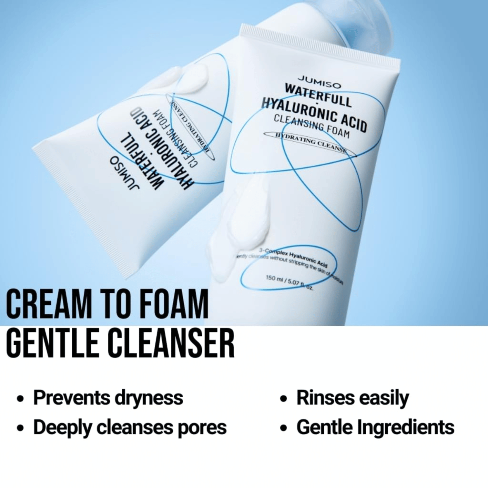Dve tubi Jumiso Waterfull Hyaluronic Acid Cleansing Foam na svetlo modrem ozadju. Slika izpostavlja čistilo iz kreme v peno, ki nežno čisti pore, preprečuje suhost in se zlahka spere.