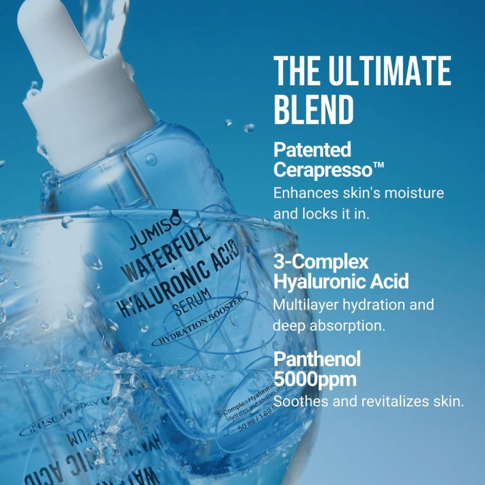 Jumiso Waterfull Hyaluronic Acid Serum s 3-kompleksno hialuronsko kislino in pantenolom 5000ppm – vlažilno serum, ki krepi kožno bariero in zagotavlja globoko hidracijo