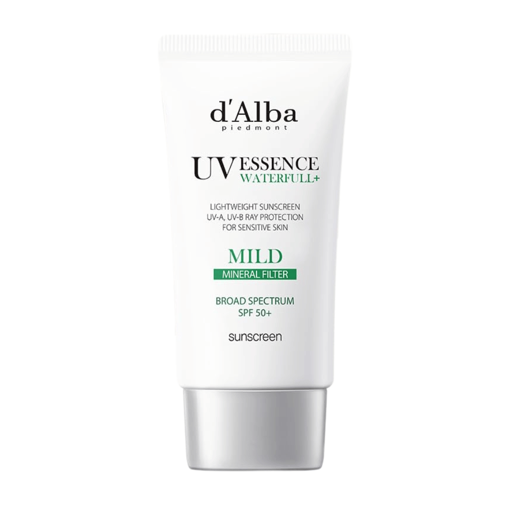 d’Alba Waterfull Mild Sun Cream SPF 50+ – blaga sončna krema z mineralnim filtrom, ki ščiti občutljivo kožo pred UVA/UVB. Lahka, vlažilna formula v elegantni beli tubi.