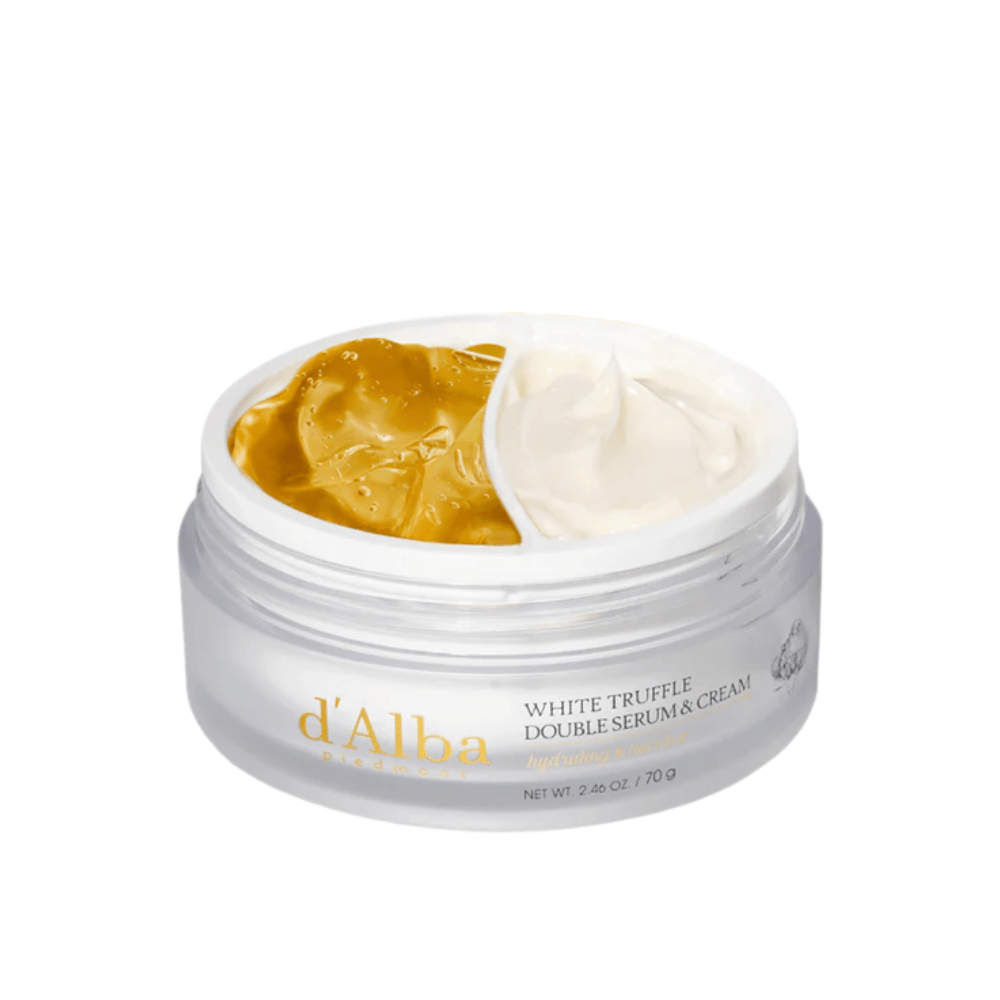 d'Alba White Truffle Double Serum & Cream združuje serum in kremo v praktični dvodelni posodi. Ta izdelek zagotavlja intenzivno vlaženje in hranjenje zahvaljujoč izvlečku bele tartufe, kar daje koži sijoč in čvrstejši občutek.