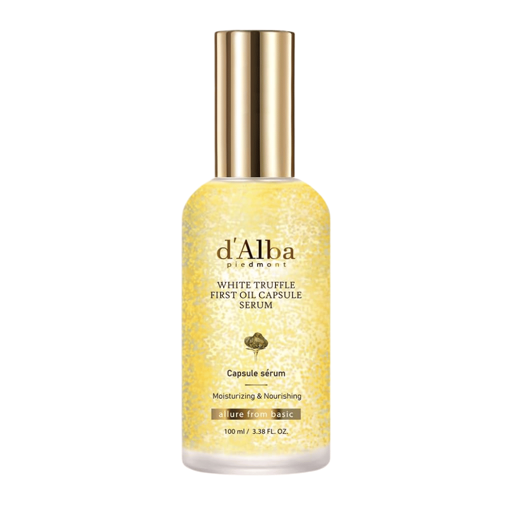 Slika izdelka d'Alba White Truffle First Oil Capsule Serum v prozorni steklenički z zlatimi kapsulami.