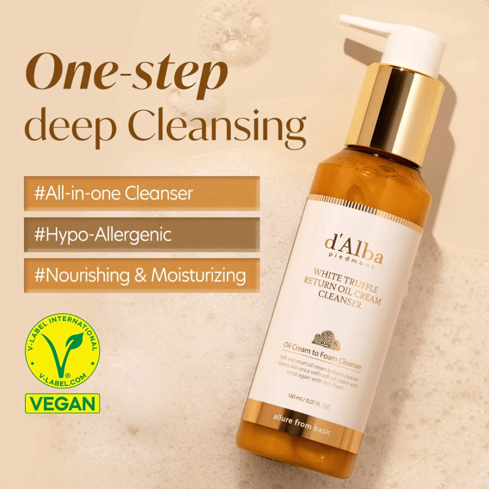 d'Alba White Truffle Return Oil Cream Cleanser je veganska, hipoalergena čistilna krema z enostopenjskim globinskim čiščenjem. Ta vse-v-enem čistilec je hranilen in vlažilen ter se spremeni iz olja v peno, da učinkovito očisti kožo in jo pusti mehko in svežo.