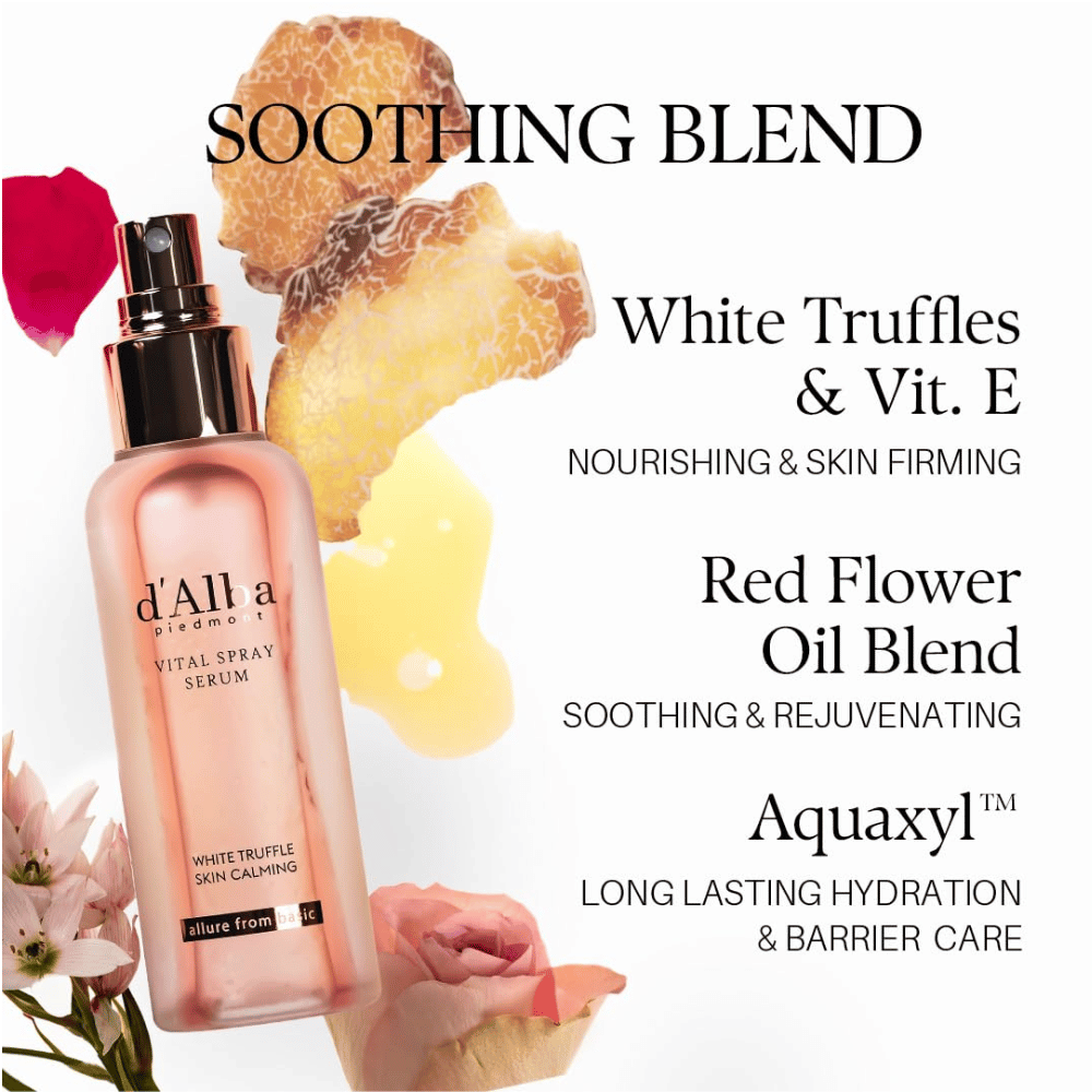 d'Alba White Truffle Vital Spray Serum – beli tartuf, vitamin E, cvetna olja in Aquaxyl za vlaženje in nego kožne bariere
