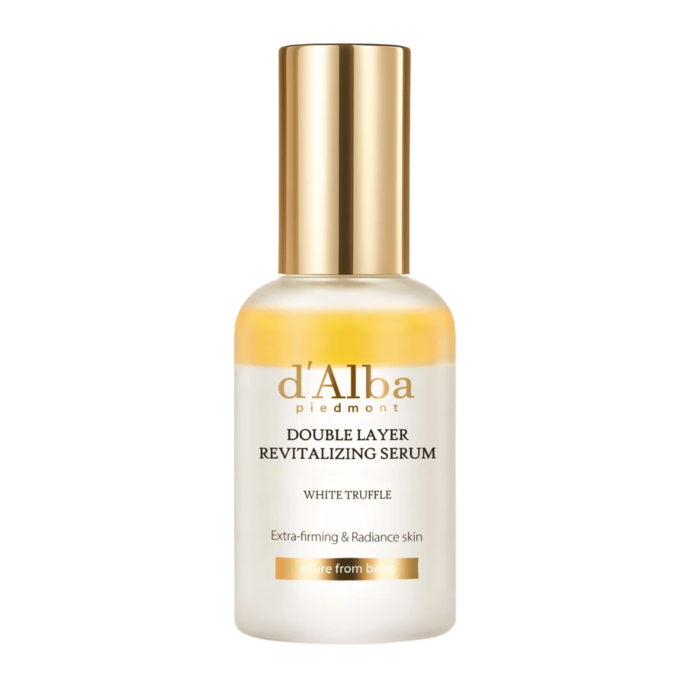 Izrezana slika d'Alba Double Layer Revitalizing Serum White Truffle v steklenički z zlato kapico in zlatim pokrovčkom, serum za nego kože za čvrstost in sijaj.