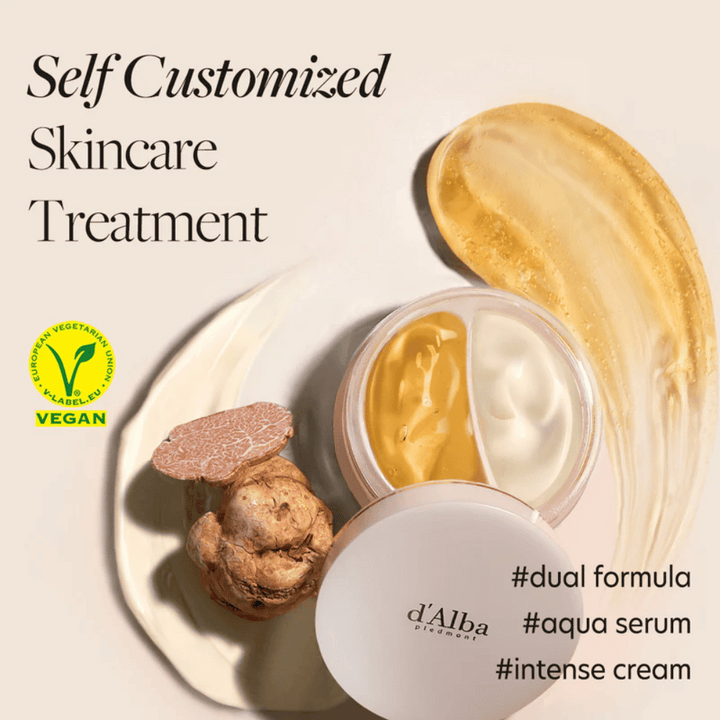 d'Alba White Truffle Double Serum & Cream je veganski izdelek za nego kože, ki ponuja osebno izkušnjo nege kože. Ima dvojno formulo z aqua serumom in intenzivno kremo, kar je popolno za vlaženje in krepitev kože.