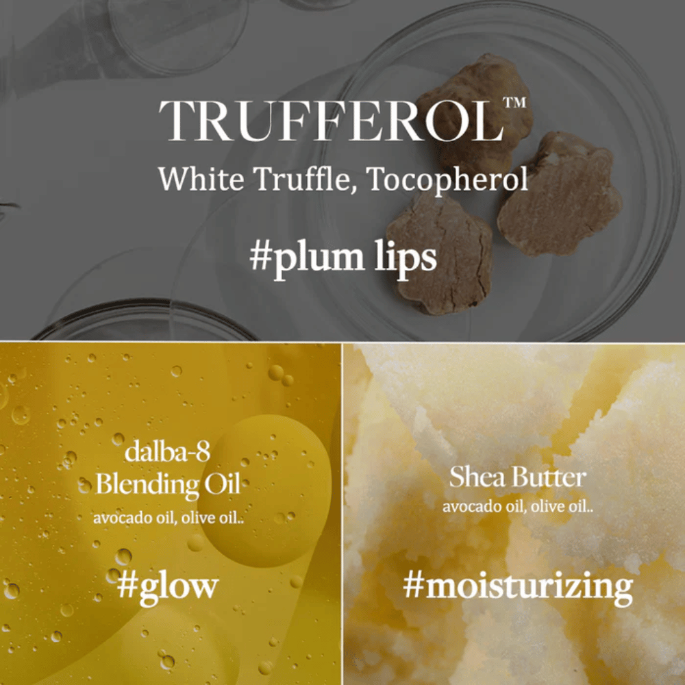 Slika sestavin z belo tartufino, tokoferolom, mešalnim oljem in karitejevim maslom za d'Alba Nourishing Serum Lip Balm, označeno z hashtagi #slive ustnice, #sijaj in #vlaženje.