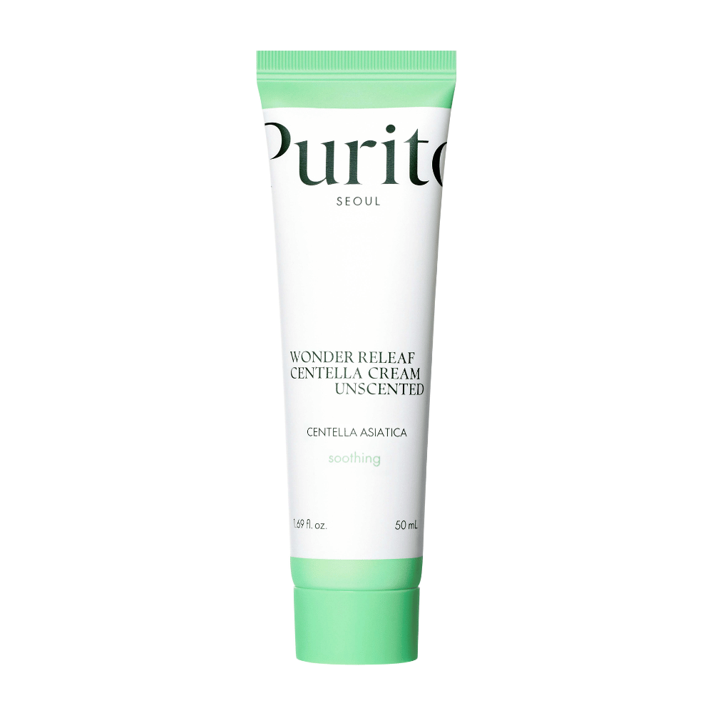 Purito Wonder Releaf Centella Cream Unscented je vlažilna in pomirjujoča krema za obraz z izvlečkom Centella Asiatica. Neodišavljena formula krepi kožno bariero in lajša draženje, zaradi česar je idealna za občutljivo kožo.
