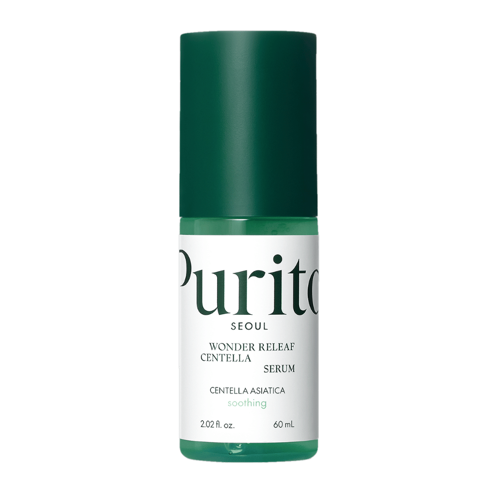 Purito Wonder Releaf Centella Serum v zeleni in beli steklenički s 60 ml vsebine, postavljen na belo ozadje.