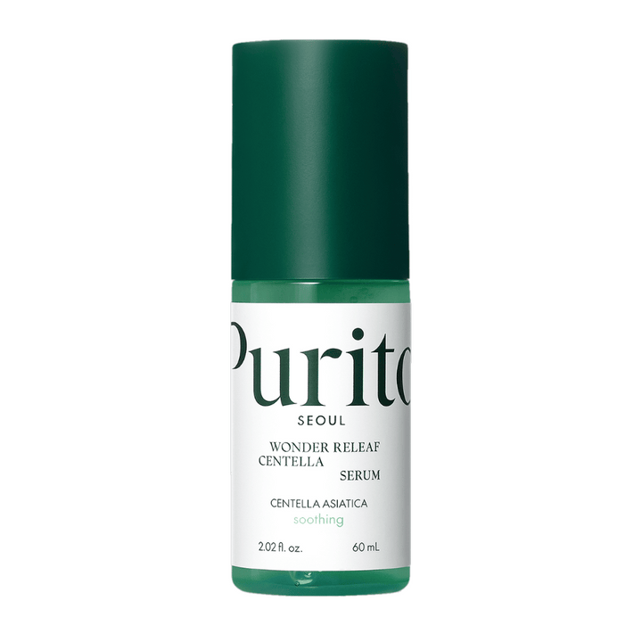 Purito Wonder Releaf Centella Serum v zeleni in beli steklenički s 60 ml vsebine, postavljen na belo ozadje.