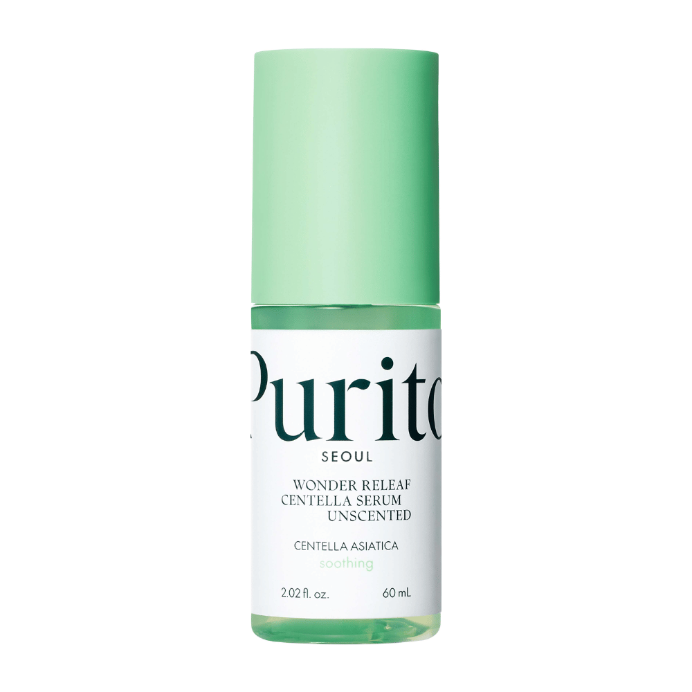 Zaprta steklenica Purito Wonder Releaf Centella Serum, brez vonja, na beli podlagi.