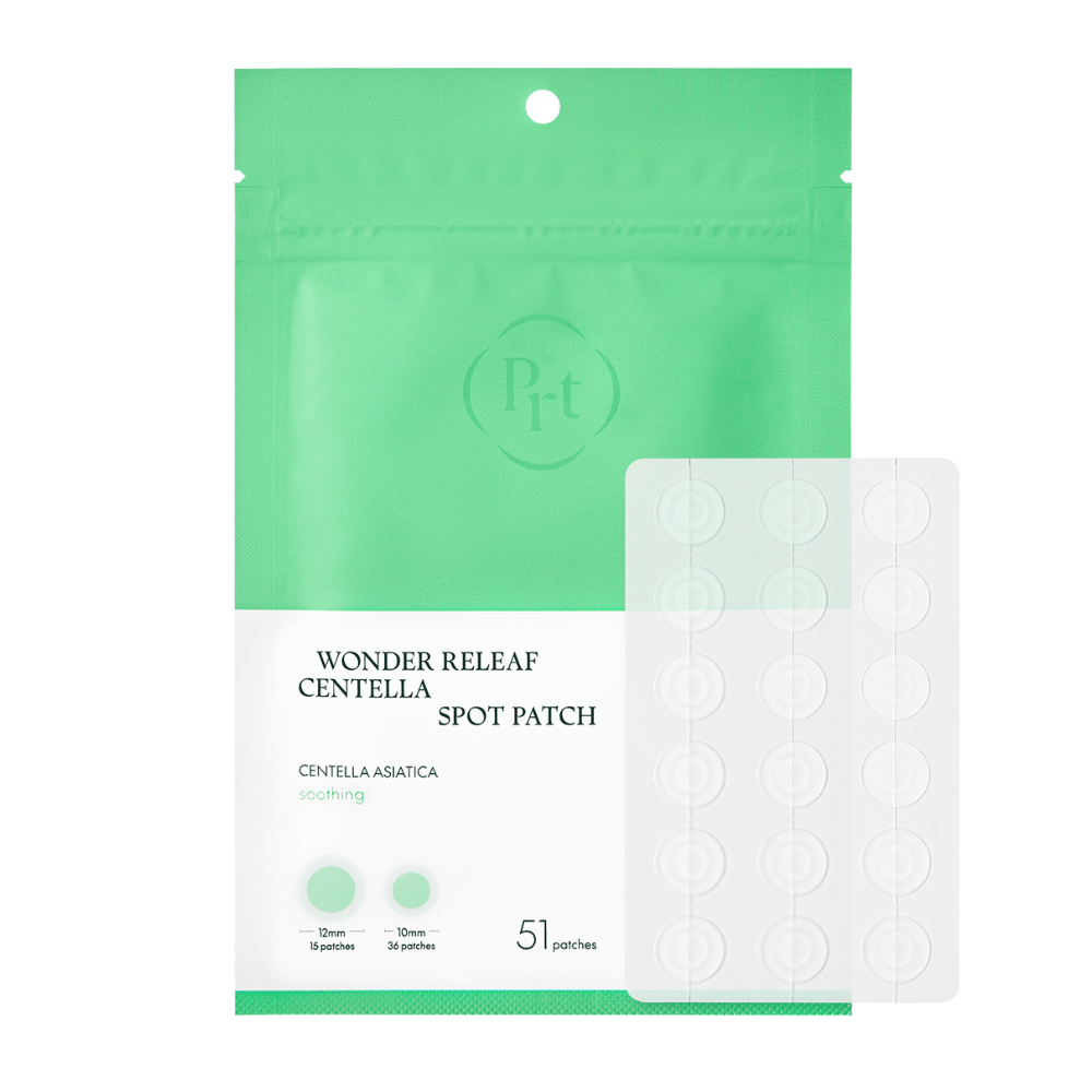 Slika izdelka Purito Wonder Releaf Centella Spot Patch z embalažo in 51 prozornimi obliži za akne v dveh velikostih za učinkovito točkovno obdelavo.