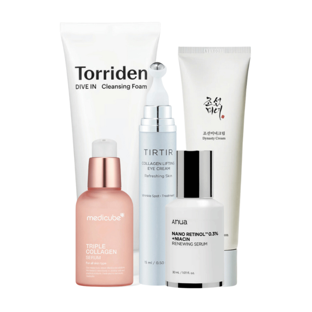 Ta komplet, "Youthful Radiance Anti-Aging Kit", vključuje množico izdelkov za nego kože za oživitev in nego zrele kože. Komplet vsebuje Torriden Dive In Cleansing Foam, Tirtir Collagen Lifting Eye Cream, Medicube Triple Collagen Serum in Anua Nano Retinol 0,3% + Niacin Renewing Serum skupaj s Beauty of Joseon Dynasty Cream.