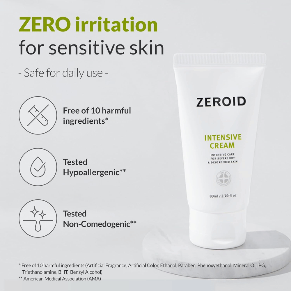 ZEROID Intensive Cream je razvita za občutljivo kožo in ne vsebuje desetih pogosto prisotnih sestavin, ki lahko povzročijo draženje. Krema je hipoalergeno testirana, nekomedogena in primerna za vsakodnevno uporabo.