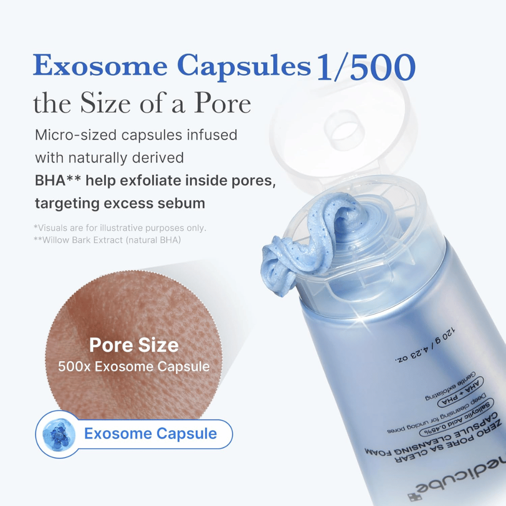 Medicube Zero Pore Capsule Cleansing Foam z eksosomskimi kapsulami in BHA, ki raztaplja sebum in čisti pore, ne da bi zamašil kožo.