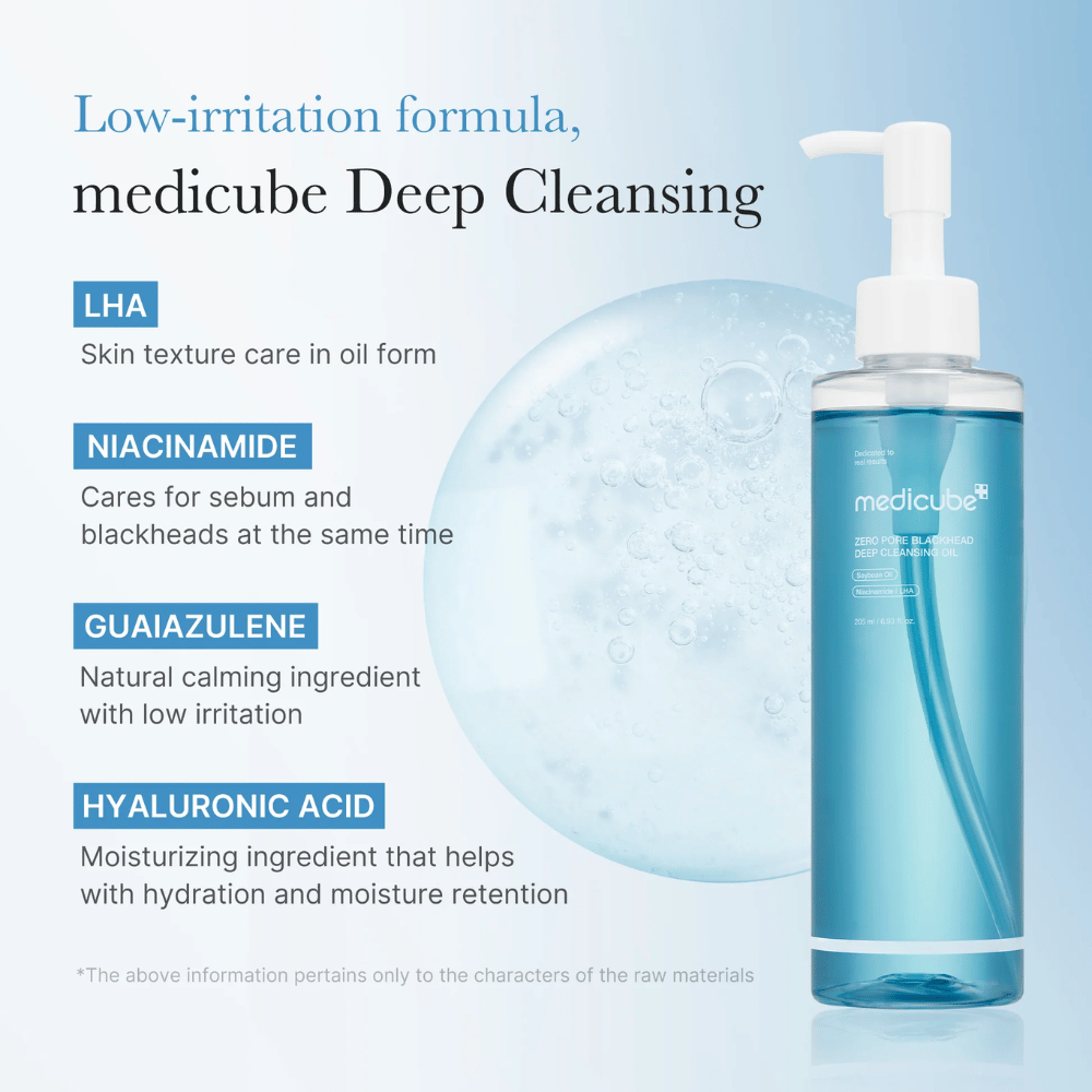 Medicube Zero Pore Blackhead Deep Cleansing Oil z sestavinami LHA, Niacinamide, Guaiazulene in Hyaluronic Acid predstavljene kot ključne lastnosti za nežno in učinkovito čiščenje.
