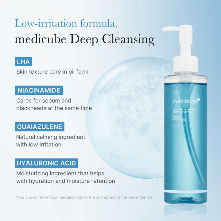 Medicube Zero Pore Blackhead Deep Cleansing Oil z sestavinami LHA, Niacinamide, Guaiazulene in Hyaluronic Acid predstavljene kot ključne lastnosti za nežno in učinkovito čiščenje.